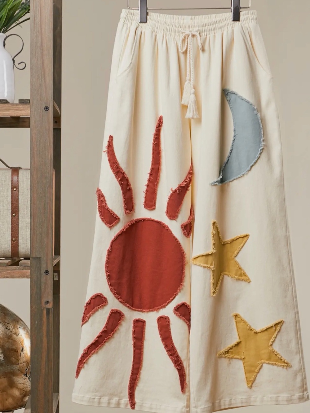 Boho Sun & Moon Appliqué Cream Pants